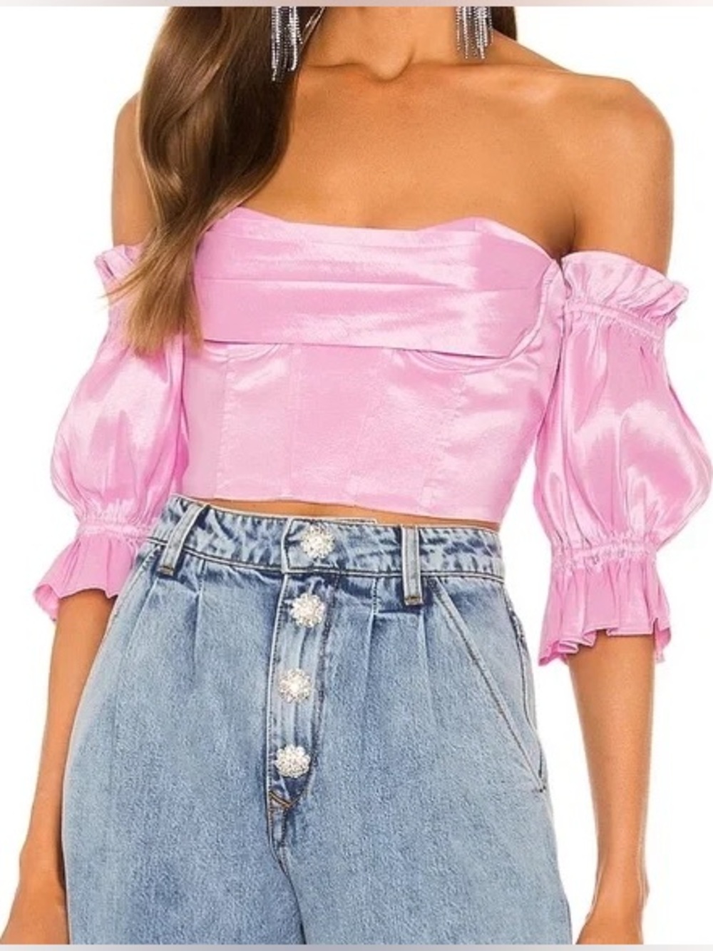Lovers + Friends Tyra Bustier Pink Satin Off Shoulder Crop Top XS